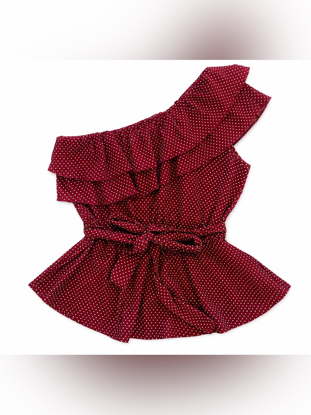 Maeve Anthropologie Rita One Shoulder Ruffle Tie Waist Top Small Wine Dot - Picture 4 of 8